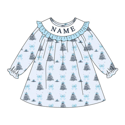 Girls Custom Name Embroidery Smock Christmas Tree Dress & Bubble