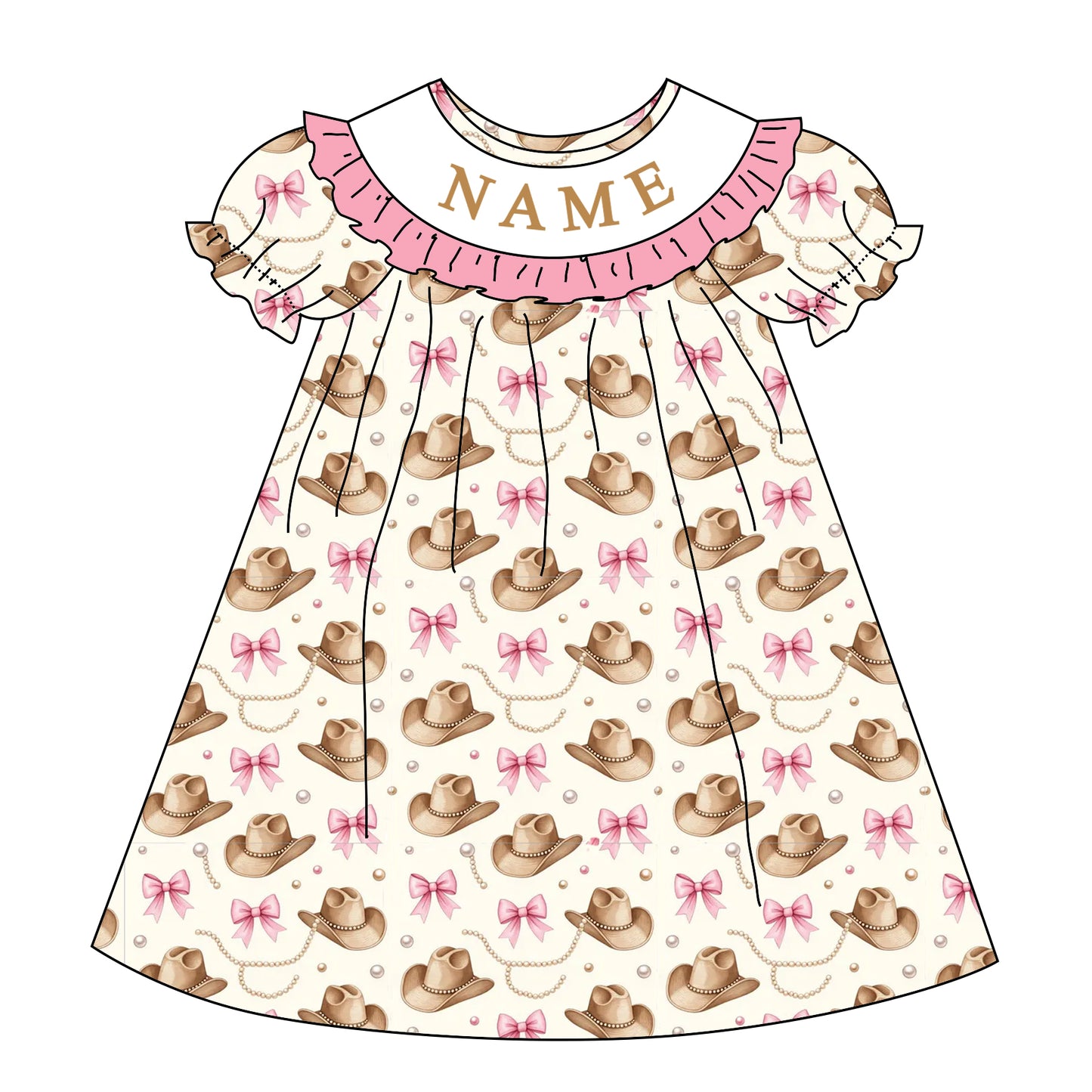 Girls Custom Name Embroidery Smock Cowboy Hat Dress & Bubble