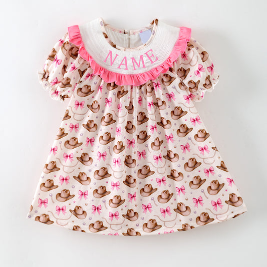 Girls Custom Name Embroidery Smock Cowboy Hat Dress & Bubble
