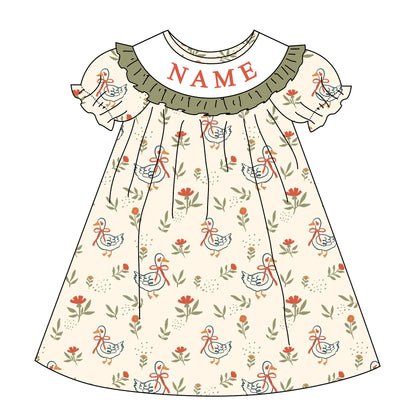 Girls Custom Name Embroidery Smock Silly Goose Dress & Bubble