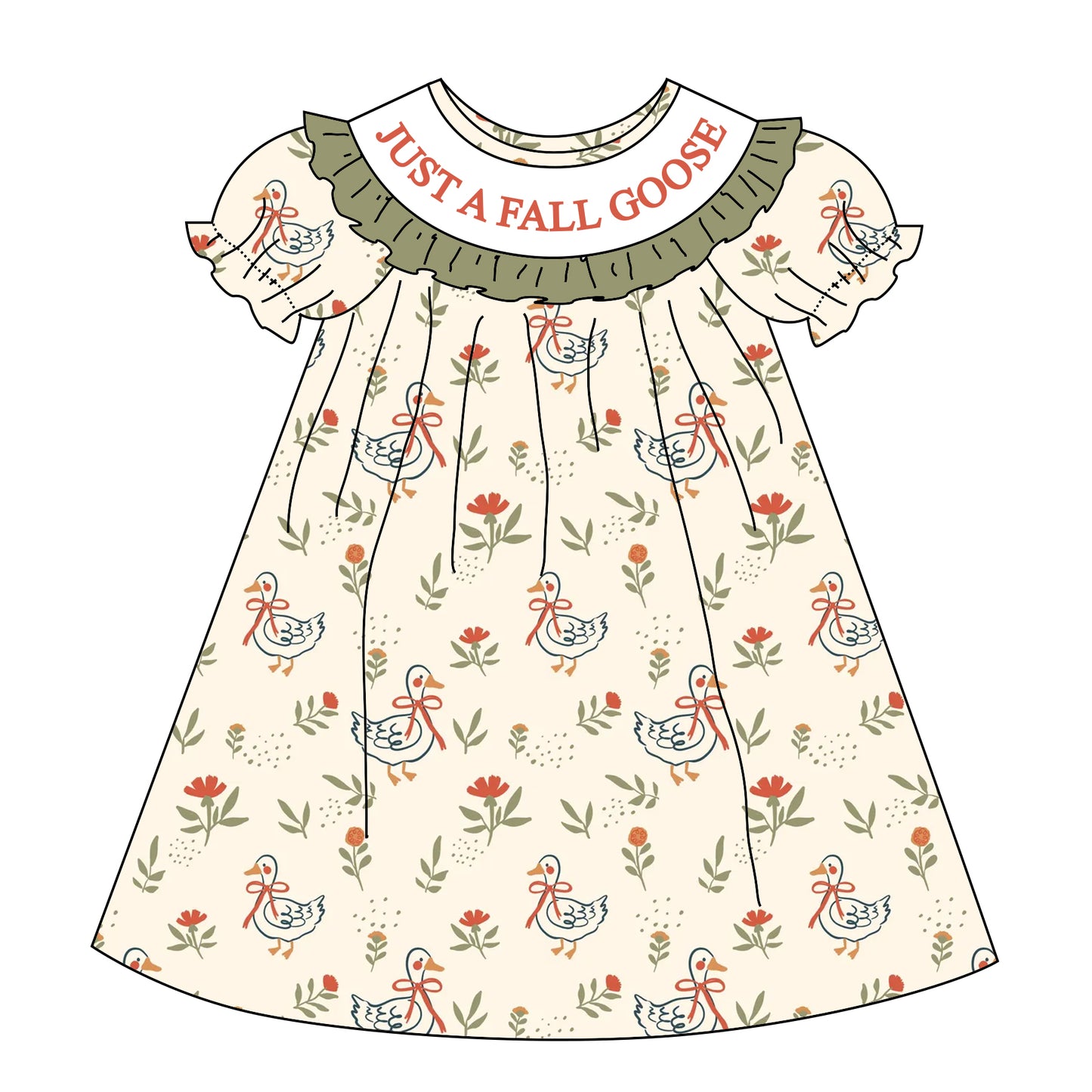 Fall Just A Fall Goose Sister Embroidered Green Bow Dress&Romper