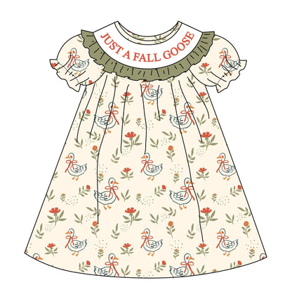 Fall Just A Fall Goose Sister Embroidered Green Bow Dress&Romper