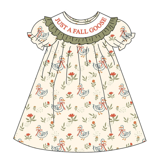 Fall Just A Fall Goose Sister Embroidered Green Bow Dress&Romper