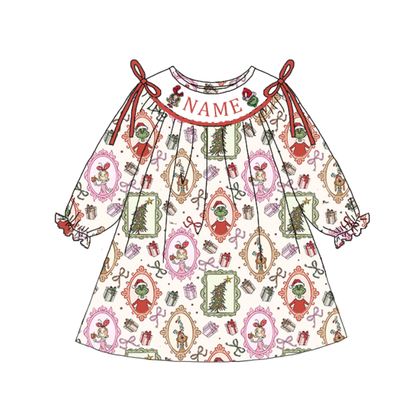 Christmas Grinch Custom Name Smocked Embroidery Kids Outfit Collection