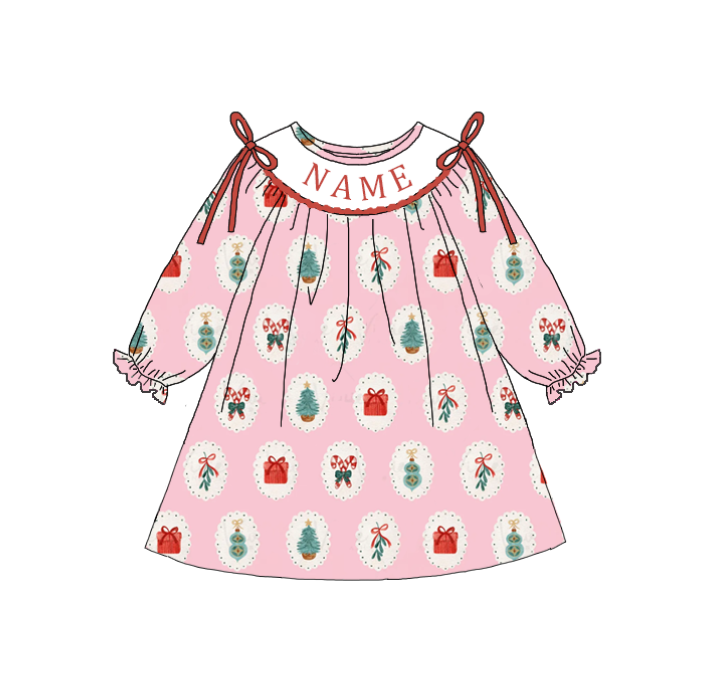 Girls Christmas Gift Smocked Embroidery Custom Name Dress & Romper