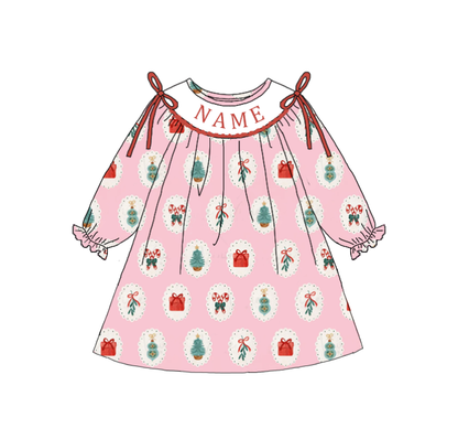 Girls Christmas Gift Smocked Embroidery Custom Name Dress & Romper