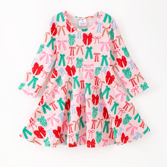 Girls Christmas Red Green Bow Long Sleeves Twirl Dress