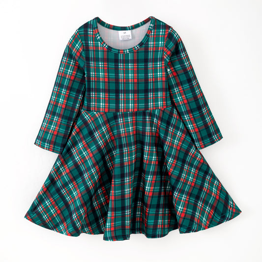 Girls Christmas Red Green Plaid Long Sleeves Twirl Dress