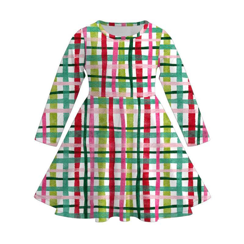 Girls Christmas Print Plaid Red Green Pink Pant Set & Dress