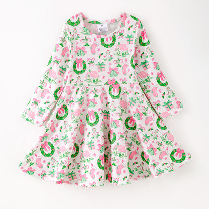 Girls Christmas Pink Snowman Ruffled Long Sleeves Dress