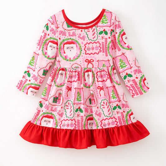 Girls Christmas Tree Santa Bow Long Sleeves Twirl Dress