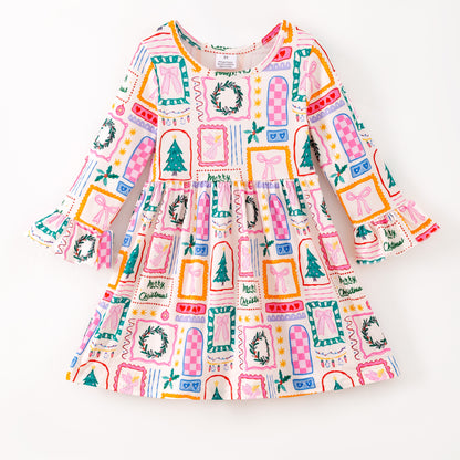 Girls Christmas Tree Bow Long Sleeves Twirl Dress