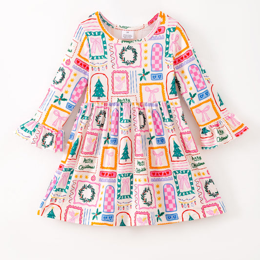 Girls Christmas Tree Bow Long Sleeves Twirl Dress