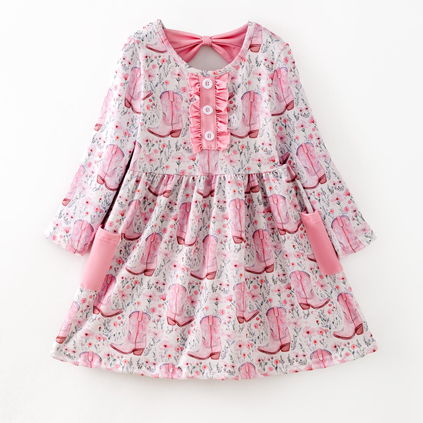 Girls Fall Pink Boots Pocket Long Sleeves Twirl Dress