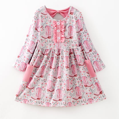 Girls Fall Pink Boots Pocket Long Sleeves Twirl Dress