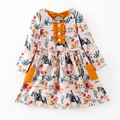 Girls 2025 Fall Floral Farm Print Long Sleeves Dress