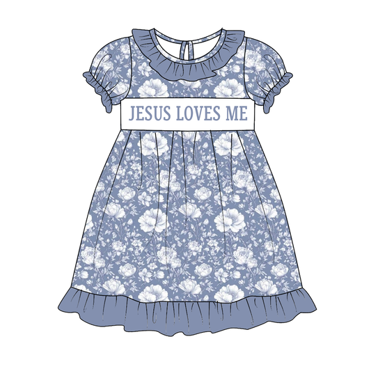 Sibling Kids Fall Blue Floral JESUS LOVES ME Smocked Embroidery Outfits