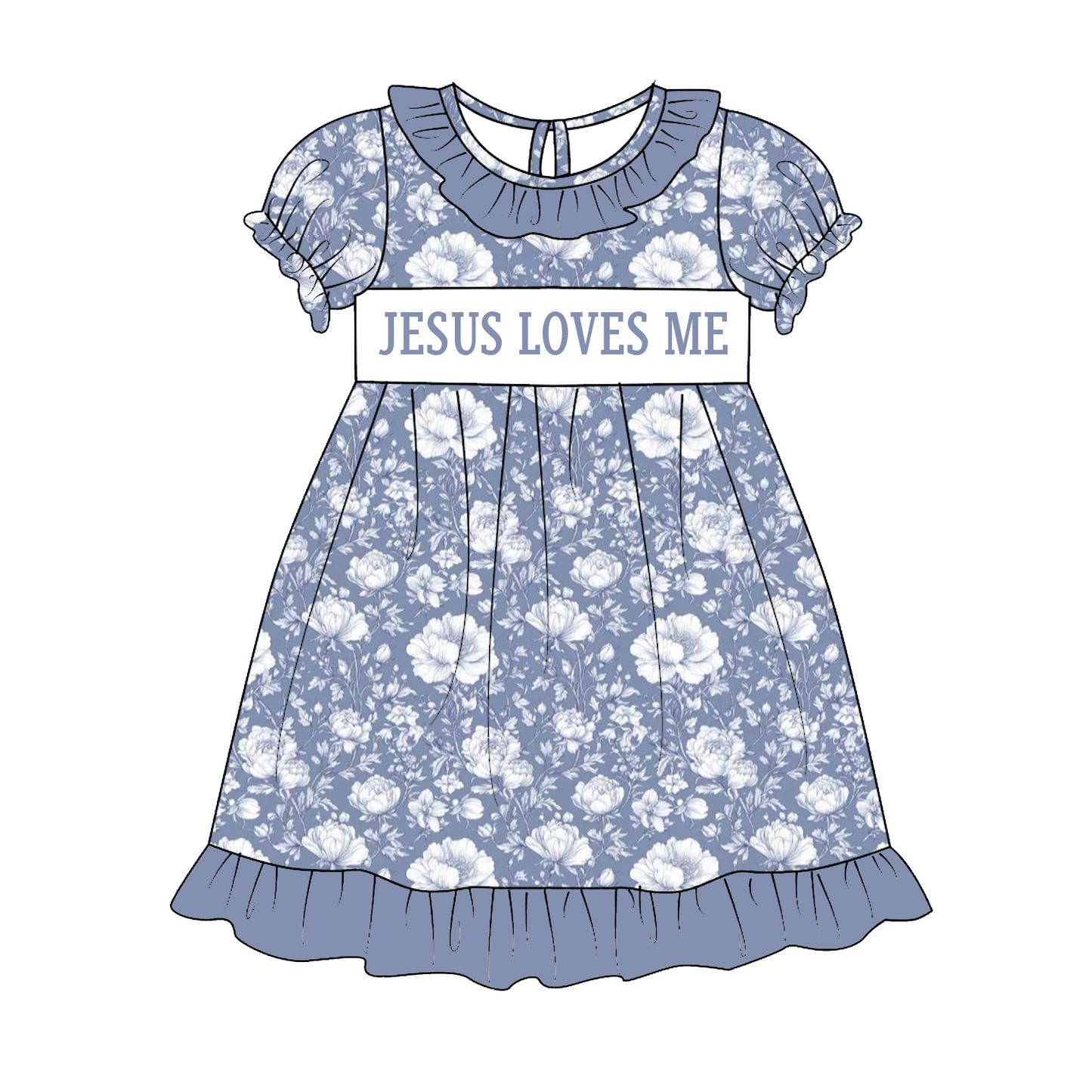 Sibling Kids Fall Blue Floral JESUS LOVES ME Smocked Embroidery Outfits