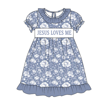 Sibling Kids Fall Blue Floral JESUS LOVES ME Smocked Embroidery Outfits