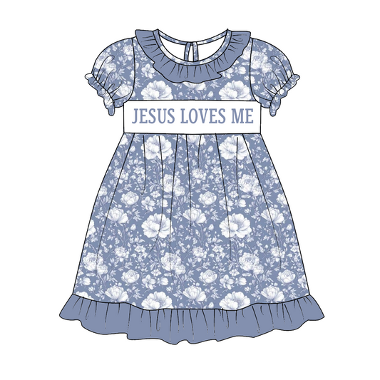 Sibling Kids Fall Blue Floral JESUS LOVES ME Smocked Embroidery Outfits