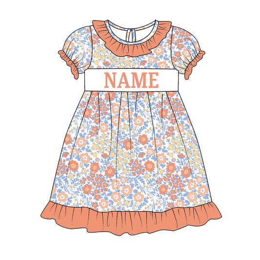 Kids Fall Custom Name Embroidery Floral Blue Stripes Sibling Clothes