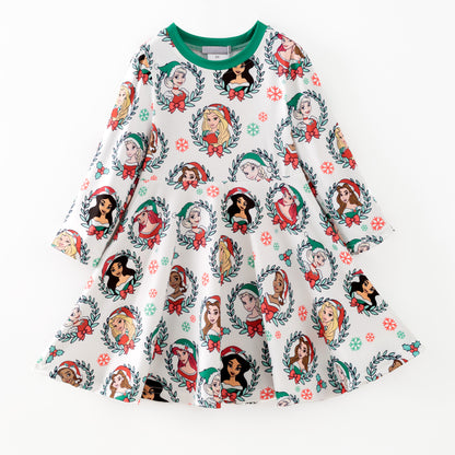 2025 Fall Christmas Character Print Long Sleeves Twirl Dress