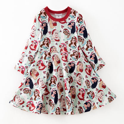 2025 Fall Christmas Character Print Long Sleeves Twirl Dress