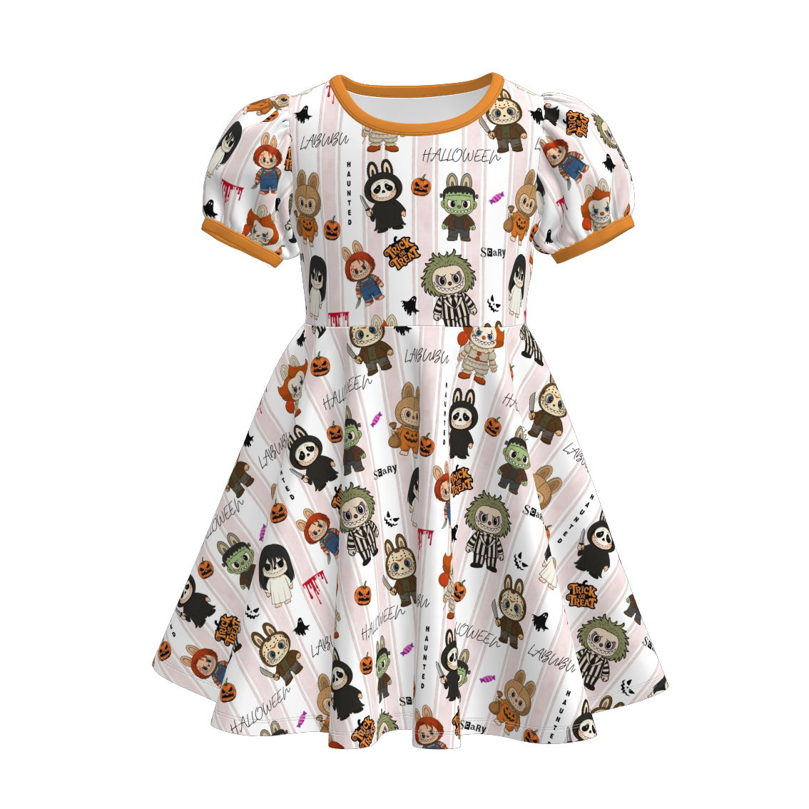 Girls Halloween Labubu Print Cartoon Cute Twirl Dress