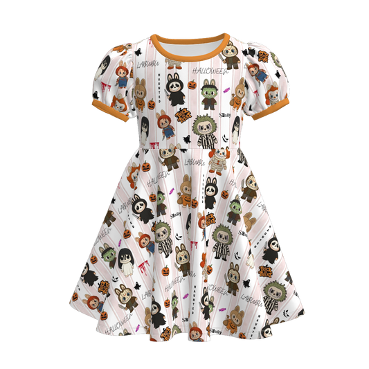Girls Halloween Labubu Print Cartoon Cute Twirl Dress