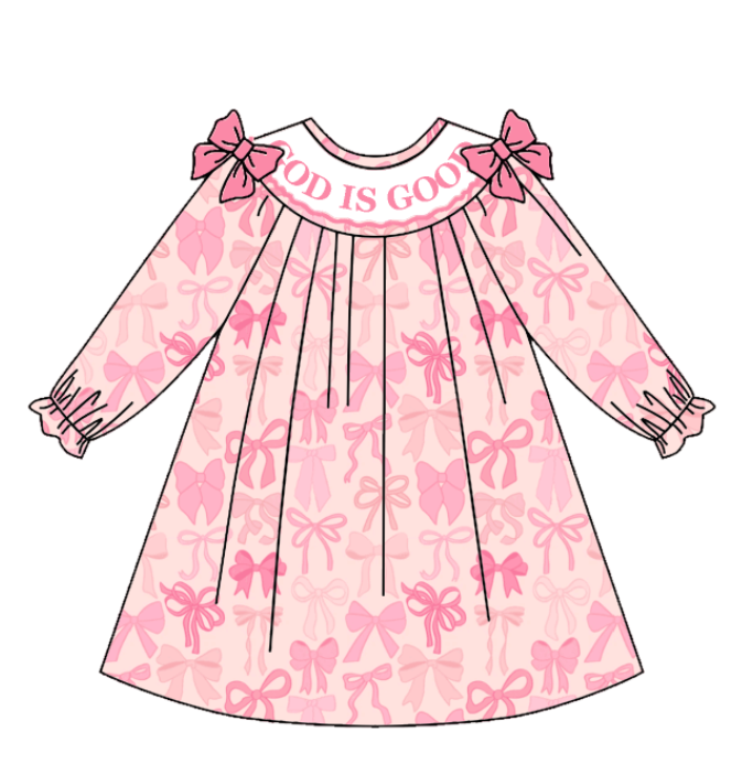 Girls Fall God Is Good Embroidery Smock Pink Bow Dress & Bubble Auraquise Girls Fall God Is Good Embroidery Smock Pink Bow Dress & Bubble Auraquise