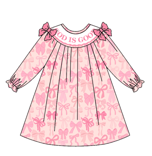 Girls Fall God Is Good Embroidery Smock Pink Bow Dress & Bubble