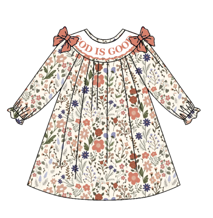 Girls Fall God Is Good Embroidery Smock Floral Dress & Bubble