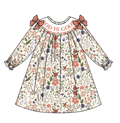 Girls Fall God Is Good Embroidery Smock Floral Dress & Bubble