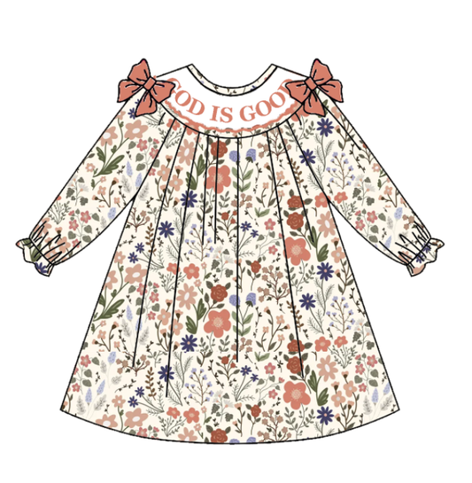 Girls Fall God Is Good Embroidery Smock Floral Dress & Bubble