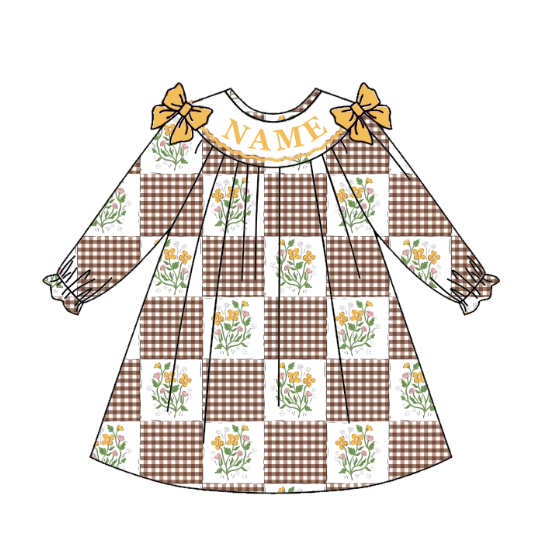 Girls Fall Floral Plaid Smock Embroidery Custom Name Dress