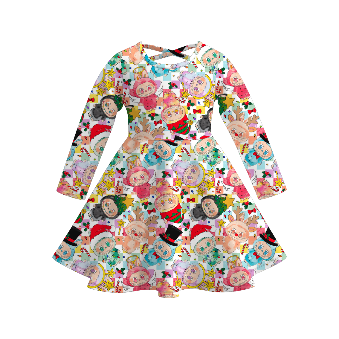 Girls Labubu Themed Fashion Print Long Sleeves Twirl Dress