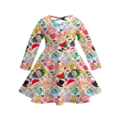 Girls Labubu Themed Fashion Print Long Sleeves Twirl Dress