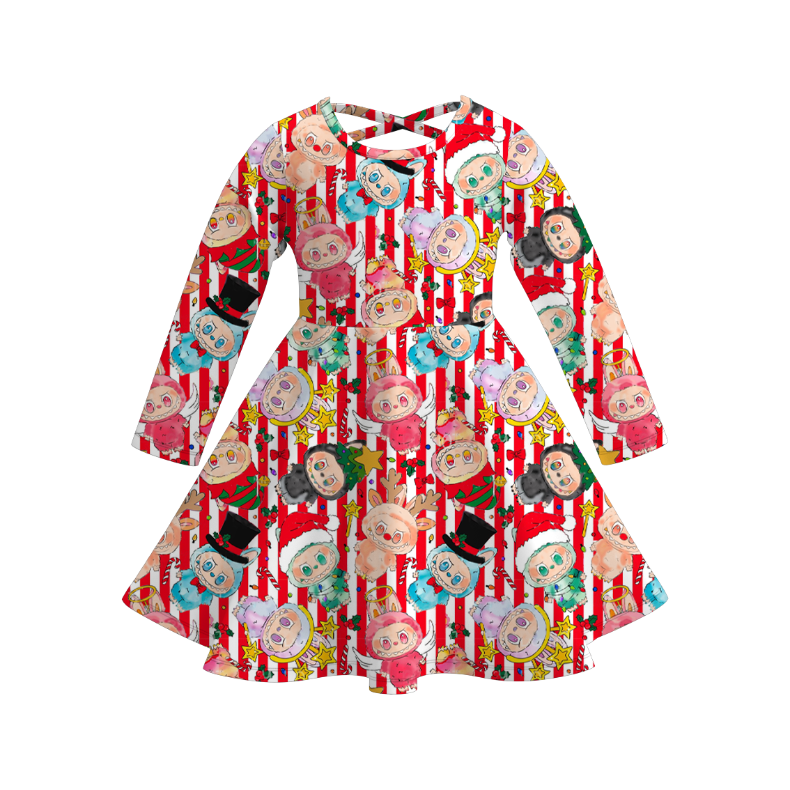 Girls Labubu Themed Fashion Print Long Sleeves Twirl Dress
