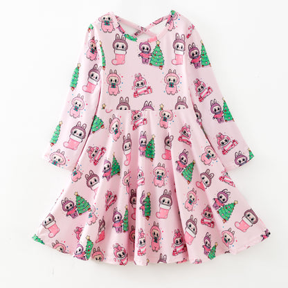 Kids Christams Cartoon Print Matching Pajamas Set & Dress