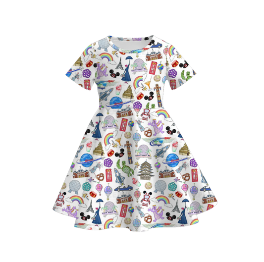 Girls Summer Fall Cute Cartoon Micky Print Twirl Dress