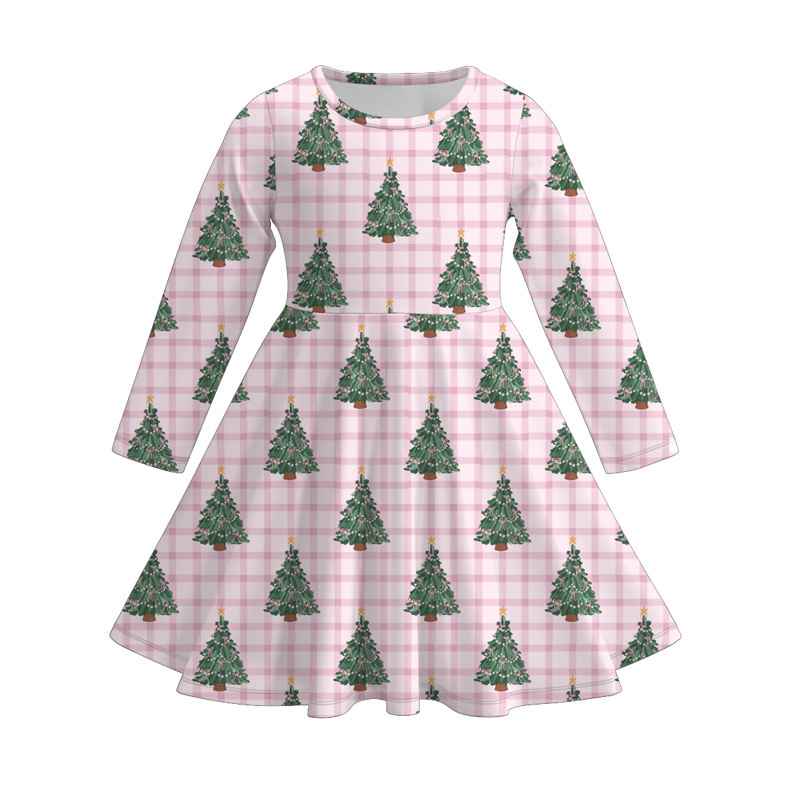 Girls Christmas Tree Plaid Print Soft Long Sleeves Twirl Dress