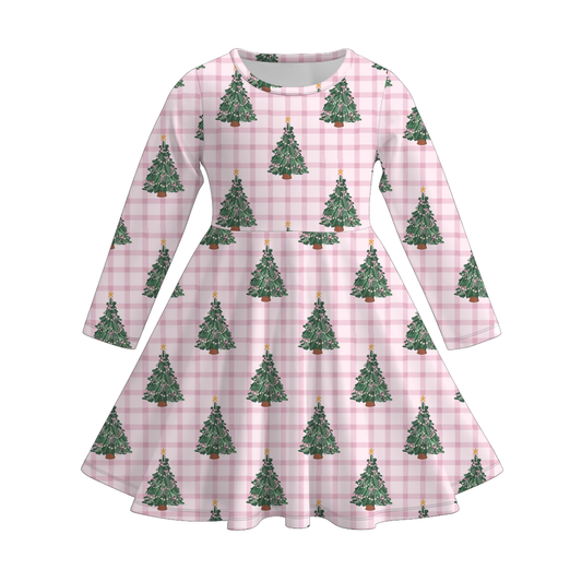 Girls Christmas Tree Plaid Print Soft Long Sleeves Twirl Dress