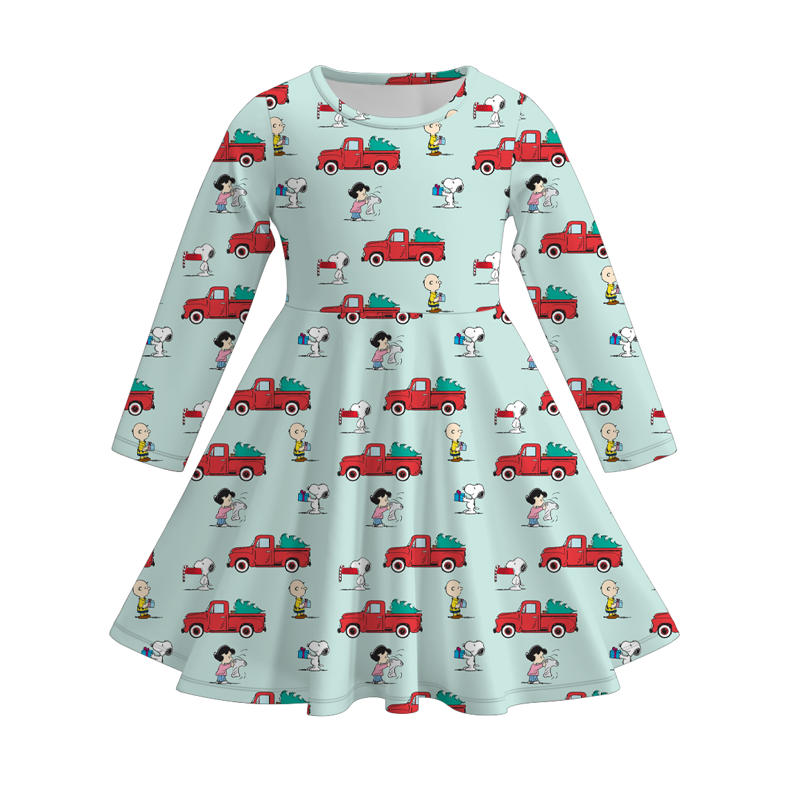 Girls Christmas Tree Truck Print Soft Long Sleeves Twirl Dress