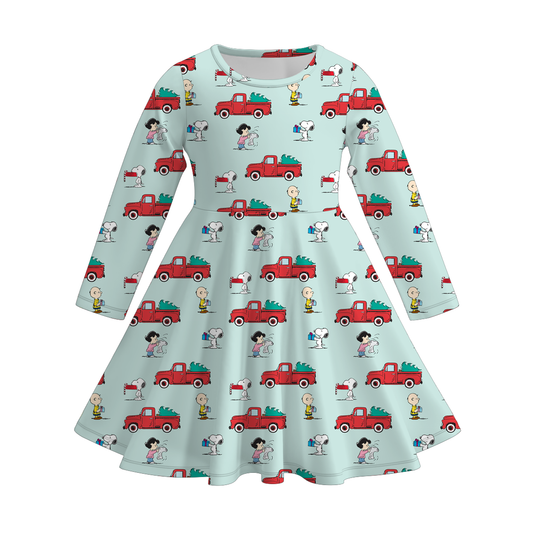 Girls Christmas Tree Truck Print Soft Long Sleeves Twirl Dress