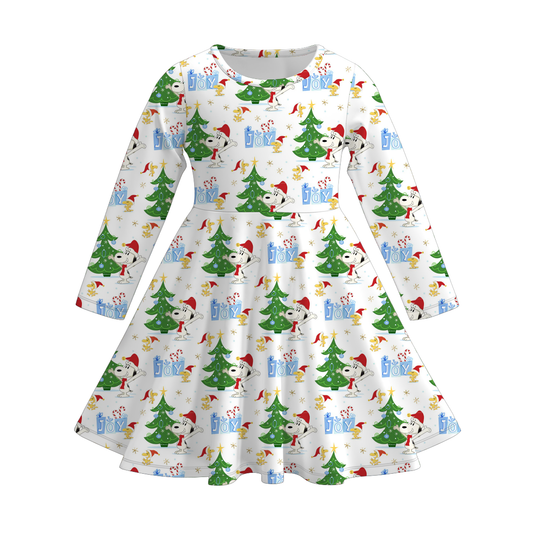 Girls Christmas Tree Joy Print Soft Long Sleeves Twirl Dress