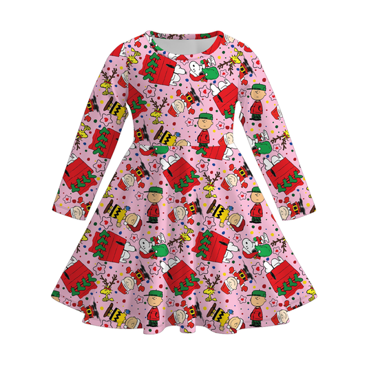 Girls Christmas Cartoon Gift Print Soft Long Sleeves Twirl Dress
