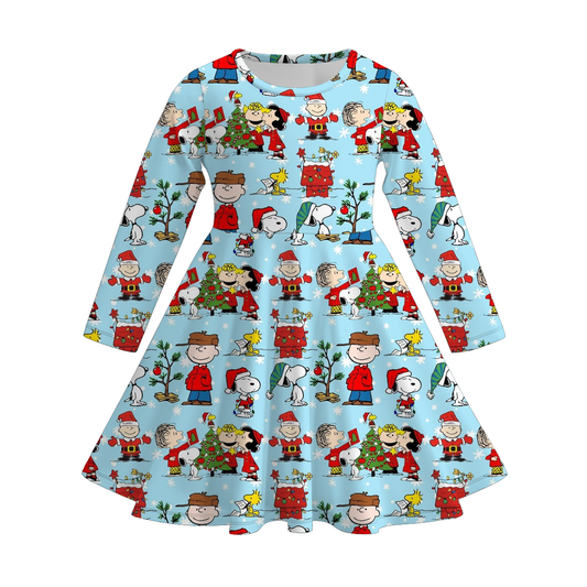 Girls Christmas Cartoon Blue Print Soft Long Sleeves Twirl Dress