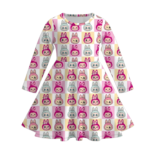 Girls Christmas Cartoon Plaid Print Soft Long Sleeves Twirl Dress