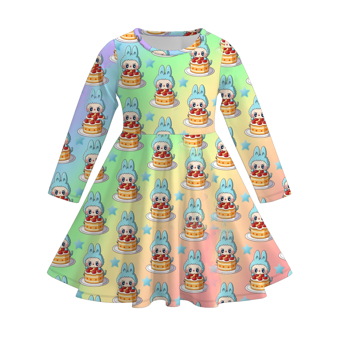 Girls Fall Cartoon Print Soft Long Sleeves Twirl Dress