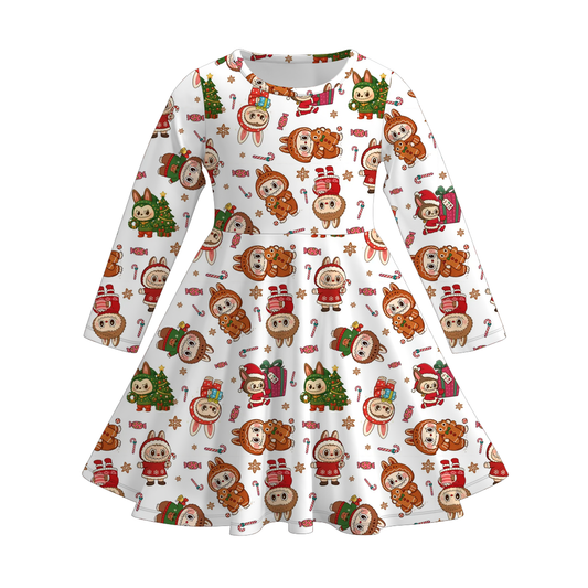 Girls Christmas Cartoon Print Soft Long Sleeves Twirl Dress